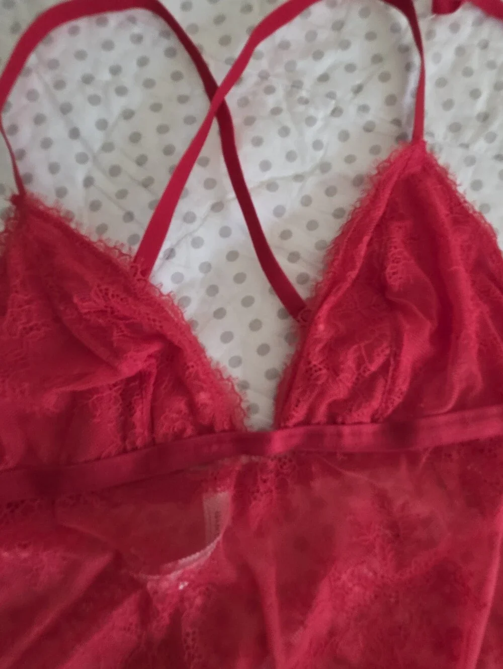 Auden Cherry Red Sheer Lace Baby Doll Mini & Thong Lingerie Set Size L